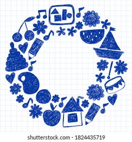 Kindgergarten vector pattern. Kids drawing style. Children play and grow, creativity and imagination. School student.