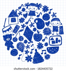 Kindgergarten vector pattern. Kids drawing style. Children play and grow, creativity and imagination. School student.