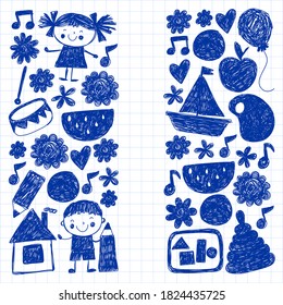Kindgergarten vector pattern. Kids drawing style. Children play and grow, creativity and imagination. School student.