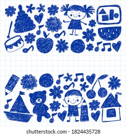 Kindgergarten vector pattern. Kids drawing style. Children play and grow, creativity and imagination. School student.