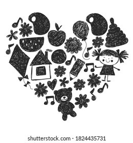 Kindgergarten vector pattern. Kids drawing style. Children play and grow, creativity and imagination. School student.