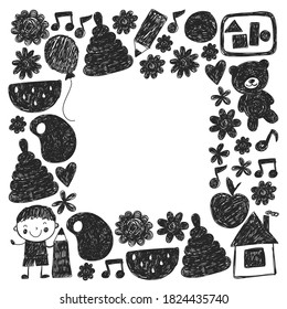 Kindgergarten vector pattern. Kids drawing style. Children play and grow, creativity and imagination. School student.