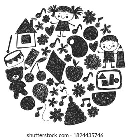 Kindgergarten vector pattern. Kids drawing style. Children play and grow, creativity and imagination. School student.