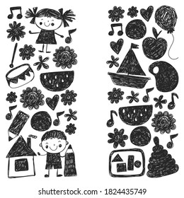 Kindgergarten vector pattern. Kids drawing style. Children play and grow, creativity and imagination. School student.