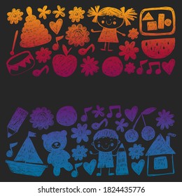 Kindgergarten vector pattern. Kids drawing style. Children play and grow, creativity and imagination. School student.