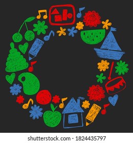 Kindgergarten vector pattern. Kids drawing style. Children play and grow, creativity and imagination. School student.