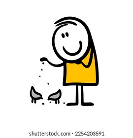 Kind-hearted character feeds bread crumbs to pigeons in a park in nature. Vector illustration of  caring stick figure person in doodle hand drawn style.