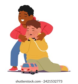 Kind-hearted Kid Consoles Tearful Friend, Soothing his Distress Over A Broken Toy. Comforting Words And A Warm Embrace Offer Solace, Mending The Emotional Wound. Cartoon People Vector Illustration