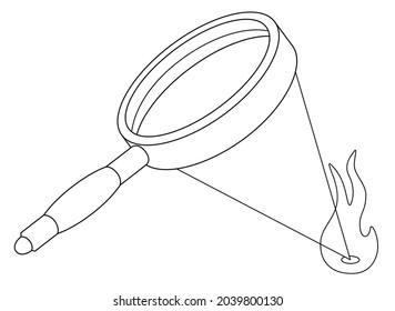 Kindling fire with a magnifying glass - vector linear illustration for coloring. A magnifying glass and a beam focused by it - pictogram or logo. Lens, beam and flame. Outline.