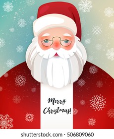  Kindly Santa Claus. Cartoon Character Showing Merry Christmas.  Vector template with copy space