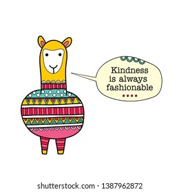 Kindness is always fashionable speech bubble with alpaca vector illustration on a white background