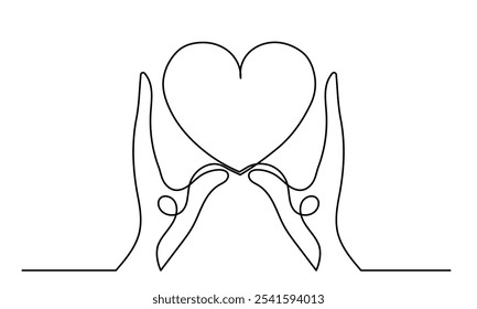 bondade cuidado coração.Desenho de linha contínua de mão segurando coração. proteger nosso planeta ou terra, e é responsabilidade da humanidade cuidar do conceito de Dia da Bondade. Ajudando Mãos no Coração 
