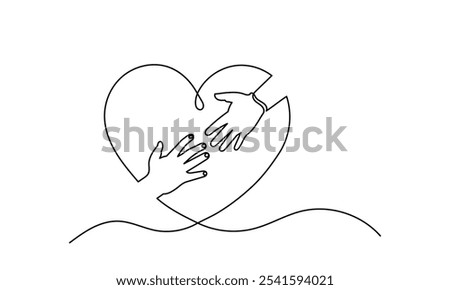 kindness care heart.Continuous line drawing of hand holding heart. protect our planet or earth, and it is humanity's responsibility to care for the concept of Kindness Day. Helping Hands in Heart 