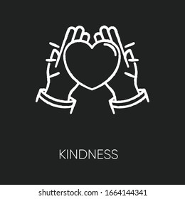 Kindness chalk white icon on black background. Emotional affection, love and support, friendship. Voluntary help, charity. Hands holding heart isolated vector chalkboard illustration