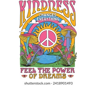 Kindness changes everything t-shirt artwork. Flower artwork for t shirt print, poster, sticker, background and other uses. Toadstool digital painting. Let's grow together. Mushroom and Flower t-shirt.