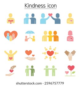 Kindness, Charity, Donation icons set in flat color style