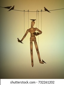 kindness  creative concept, wooden marionette holding bird, take care, preserve the animals idea, creative solution of helping the birds concept, vector