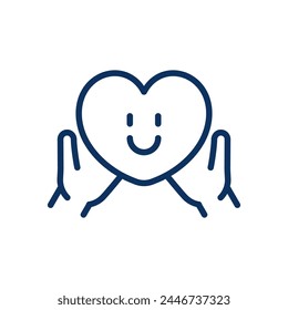 Kindness Education Icon. Thin Line Illustration of a Smiling Heart Held by Hands, Representing the Teaching of Kindness, Compassion, and Empathy. Isolated Outline Vector Sign.	