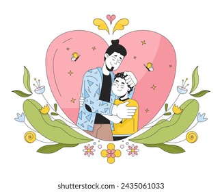 Kindness father day 2D linear illustration concept. Closeness dad son caucasian comforting cartoon characters isolated on white. Good warm moment metaphor abstract flat vector outline graphic