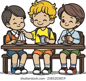 Kindness and Friendship - Boy Helping His Friend at the School Cafeteria - Vector Illustration