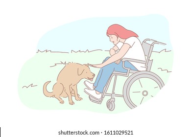 Kindness, homeless animals care, sympathy concept. Compassion and tenderness, pariah-dog affection, disabled young woman petting street dog, wheelchair girl and pooch. Simple flat vector