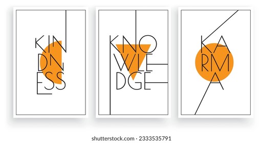 Karma de conocimiento bondadoso, vector. Diseño de arte minimalista escandinavo. Diseño de afiches de tres piezas. Arte mural, diseño artístico, arte. Diseño de redacción moderna. Cita motivacional e inspiradora