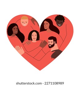 Freundlichkeit und Liebe Vektorgrafik Konzept. Verschiedene Menschen stehen in Form von Herzumarmungen. Internationale freundliche Gemeinschaft, Wohltätigkeit, Freiwillige, Menschlichkeit, Unterstützung, Gleichheit, Zusammengehörigkeit