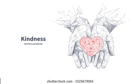 Kindness low poly wireframe banner template. Polygonal healthcare and volunteer service symbol mesh art illustration. 3D heart in hand palms, human handbreadths with connected dots