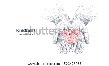 Kindness low poly wireframe banner template. Polygonal healthcare and volunteer service symbol mesh art illustration. 3D heart in hand palms, human handbreadths with connected dots Сток-фото © 