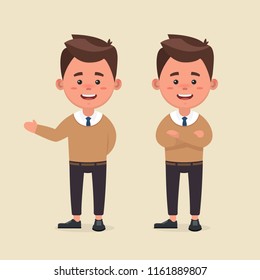 The Kindness man is great worker. He is push his hand up to greeting someone. He cross arm with smile face. Smart & Handsome businessman in casual wear. Character cartoon design vector illustration.