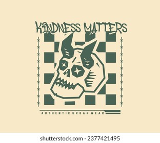 kindness matters slogan print design with horned skull illustration in vintage art style, for streetwear and urban style t-shirts design, hoodies, etc