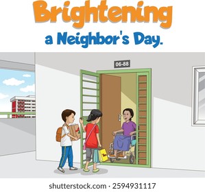"Kindness Movement" poster showing a neighbor's two kids visiting an elderly person who lives alone.