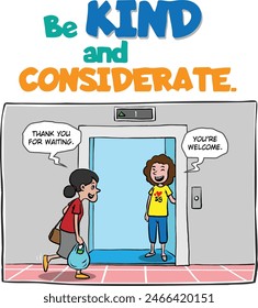 "Kindness Movement" poster showing a woman presses the lift door button inside the lift, waiting patiently as another woman hurries towards it.