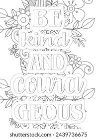 Kindness Quotes Flower Coloring Page Beautiful black and white illustration for adult coloring book