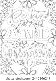 Kindness Quotes Flower Coloring Page Beautiful black and white illustration for adult coloring book