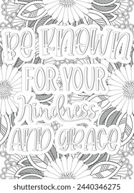 Kindness Quotes Flower Coloring Page Beautiful black and white illustration for adult coloring book