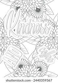  Kindness Quotes Flower Coloring Page Beautiful black and white illustration for adult coloring book