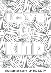 Kindness quotes Flower Coloring Page Beautiful black and white illustration for adult coloring book