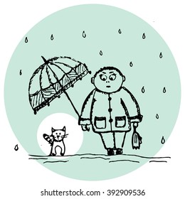 Kindness. Rain. A man walks in the rain, and carries an umbrella over a cat. Drawing by hand. Sketch - Stock Vector