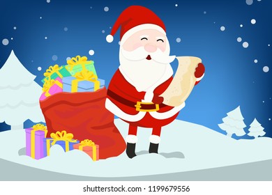 Kindness smiling Santa Claus read  a name list with sack of gifts on snow falling background. concept design for Christmas and new year postcard in vector element.