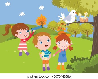 Kindness Vector Concept. Group Of Happy Kids Helping A Baby Bird To The Nest While Playing At The Park