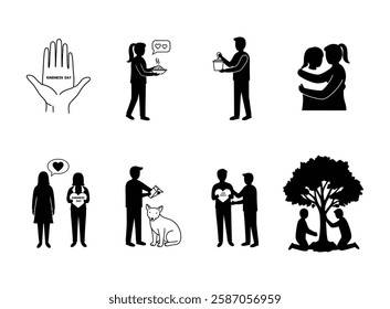 Kindness Vector Set: Spread positivity Black and white silhouettes for World Kindness Day, random acts, and compassionate designs. Perfect for cards, posters, and more