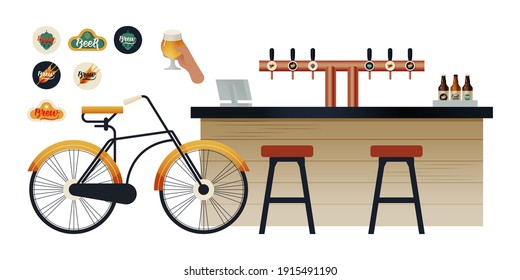 Kinds of Beer Badges. Bar Counter with Beer Tower. Vintage Bicycle. Hand Hold Glass with Beer. Modern Flat Vector Concept Illustrations. Social Media Ads.