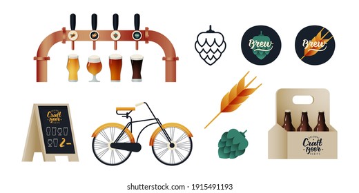 Kinds of Beer Badges. Set of Beers. Beer Tower. Pavement Stand. Vintage Bicycle. Hop and Wheat. Craft Beer in Cardboard Box. Modern Flat Vector Concept Illustrations. Social Media Ads.