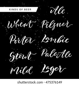 Kinds of beer hand lettering set. Vector hand written brush pen calligraphy text for pub and bar menu. Cute isolated letters on an abstract background for a bar, pub menu and Oktoberfest.