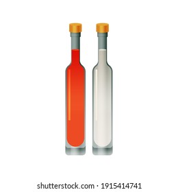 Kinds of Bottles with Light and Red Liquid on White Background. Modern Vector Illustration. Social Media Ads.