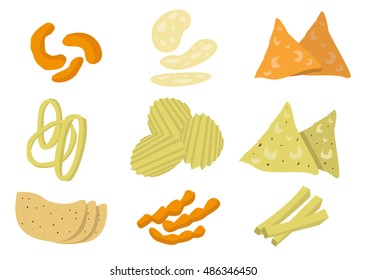 Kinds of Chips or Crisp Junk Food Isolated. Editable Clip Art.