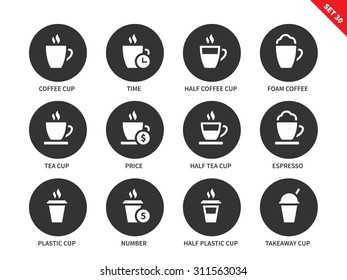 Kinds of coffee vector icons set. Break and relax concept. Items for advertising in shops an cafes, half coffee cup, half coffee cup, tea cup, espresso and plastic cups. Isolated on white background