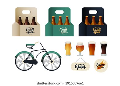 Clase de cerveza artesanal en caja de cartón. Brew Lettering. Insignias con Trigo. Abrir el signo. Bicicleta Vintage. Ilustración vectorial moderna. Anuncios de medios sociales.