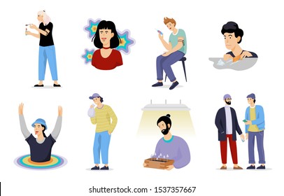 Kinds of drug addiction set. Danger for health concept. Junkie with narcotic. Flat vector illustration